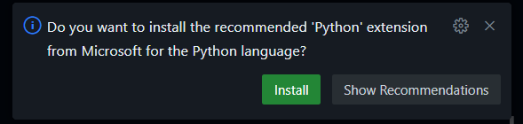 A screenshot of the prompt that displays in a Codespace to install the Python extension.