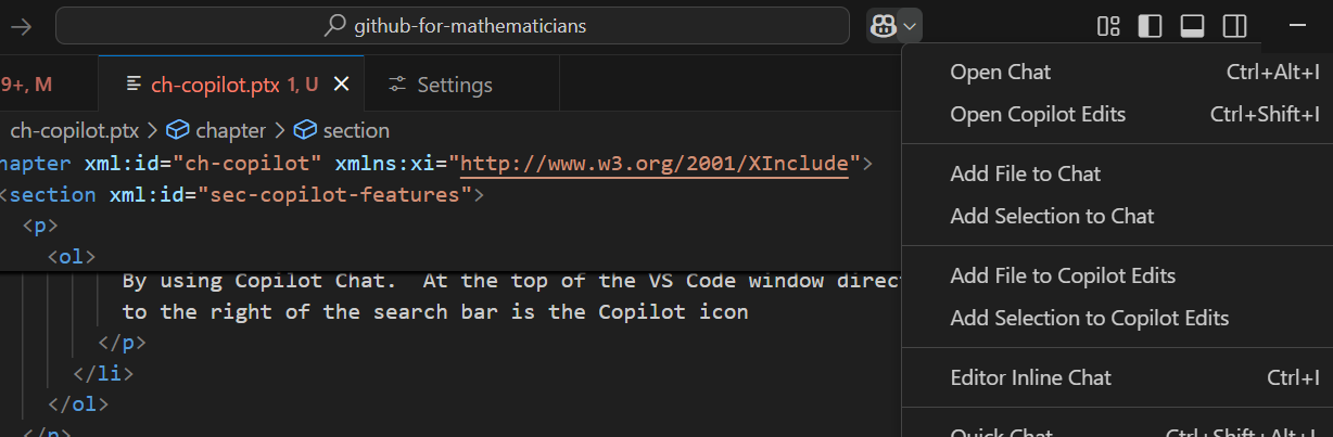 screenshot of vs code with the copilot icon clicked.