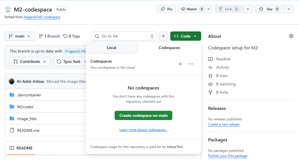 screenshot of creating codespace on forked GitHub repository.